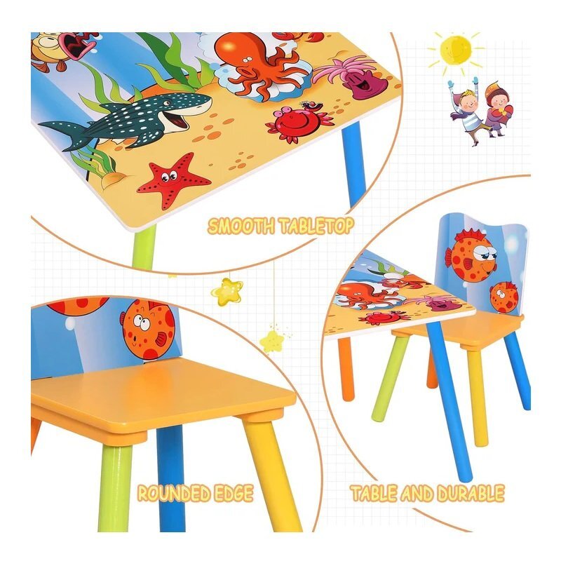Ginger Home Set masuta si 2 scaunele cu spatar pentru copii Ocean Animals din lemn Margini rotunjitepotrivit pentru activitatitemegradinitaafter schoolgreutate suportata 40kg