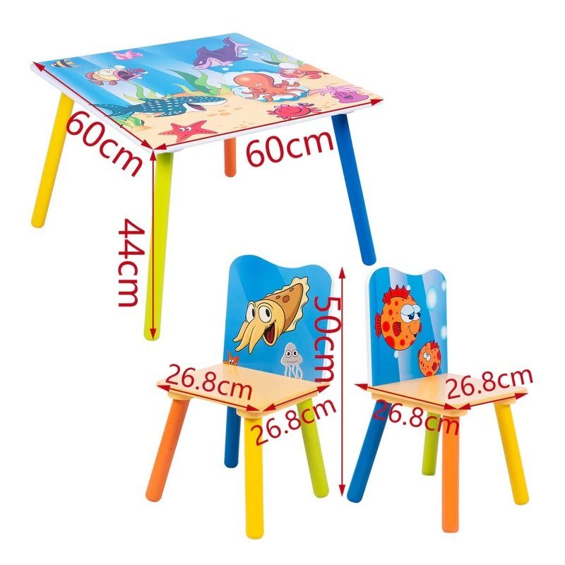 Ginger Home Set masuta si 2 scaunele cu spatar pentru copii Ocean Animals din lemn Margini rotunjitepotrivit pentru activitatitemegradinitaafter schoolgreutate suportata 40kg