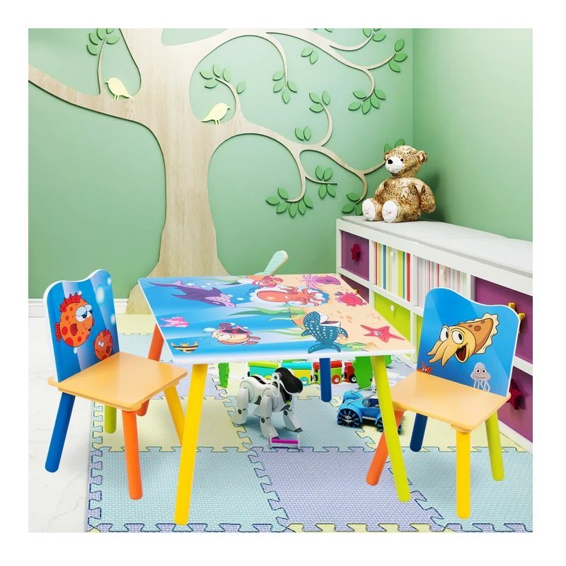 Ginger Home Set masuta si 2 scaunele cu spatar pentru copii Ocean Animals din lemn Margini rotunjitepotrivit pentru activitatitemegradinitaafter schoolgreutate suportata 40kg