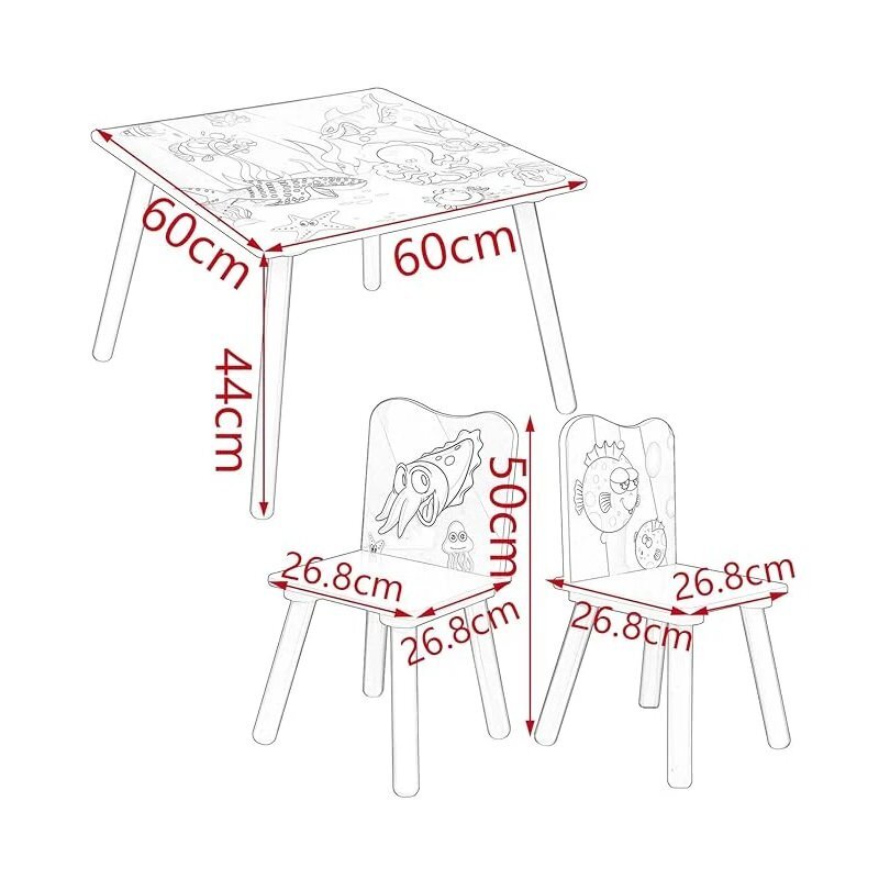 Ginger Home Set masuta si 2 scaunele cu spatar pentru copii Ocean Animals din lemn Margini rotunjitepotrivit pentru activitatitemegradinitaafter schoolgreutate suportata 40kg