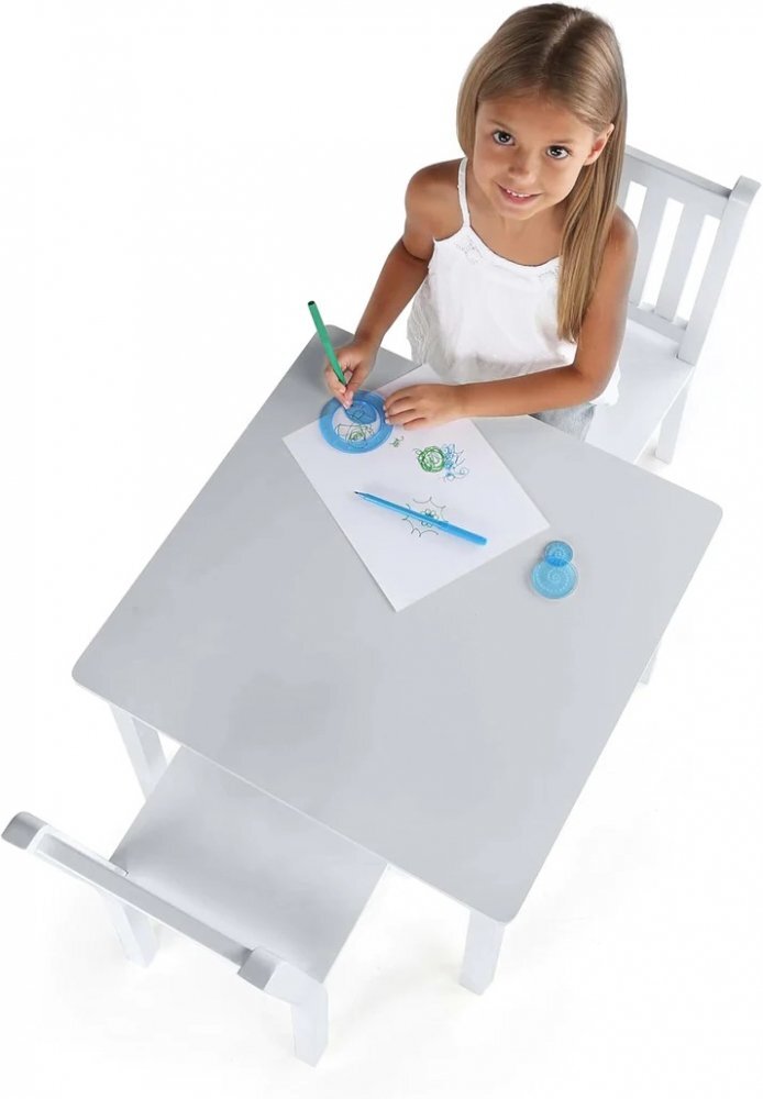 Ginger Home Set masuta si 2 scaunele cu spatar pentru copii White din lemn margini rotunjitepotrivit pentru activitatitemegradinitaafter schoolgreutate suportata 40kg