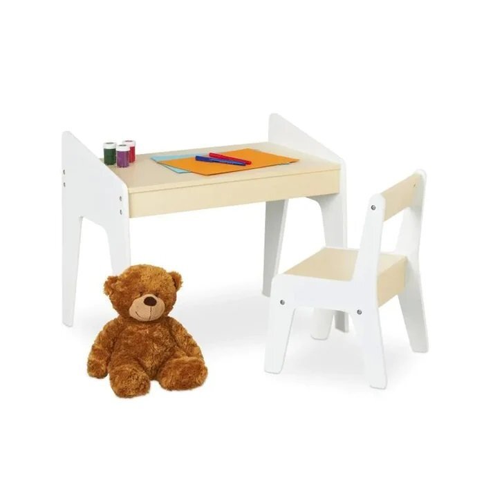 Ginger Home Set masuta tip birou cu scaunel din lemn pentru scrisdesenat AlbGalben