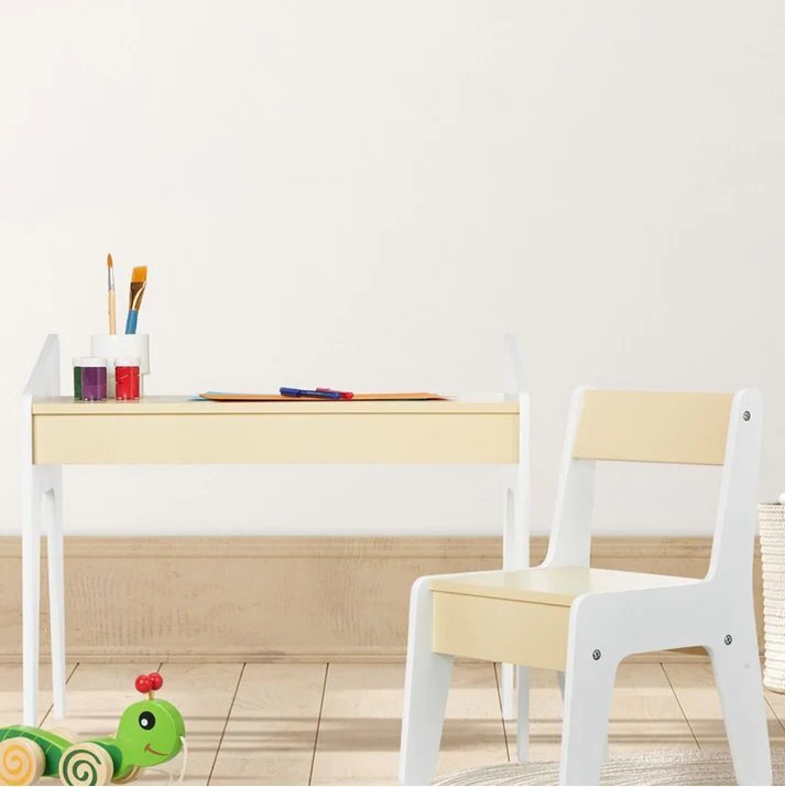 Ginger Home Set masuta tip birou cu scaunel din lemn pentru scrisdesenat AlbGalben