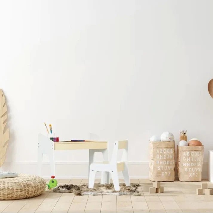 Ginger Home Set masuta tip birou cu scaunel din lemn pentru scrisdesenat AlbGalben