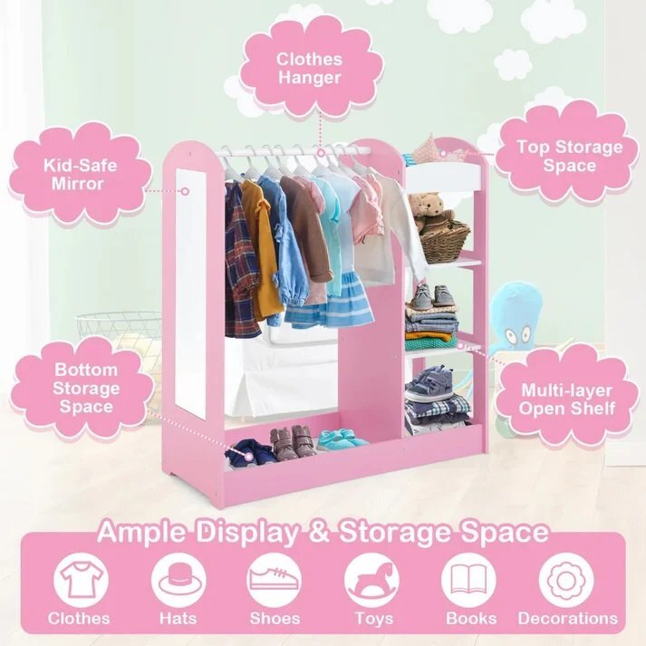 Ginger Home Stand pentru imbracaminte copii Mirror Pink cu 4 politebara pentru umeraseraft si oglinda dimensiune 93.5x38x100.3 cm