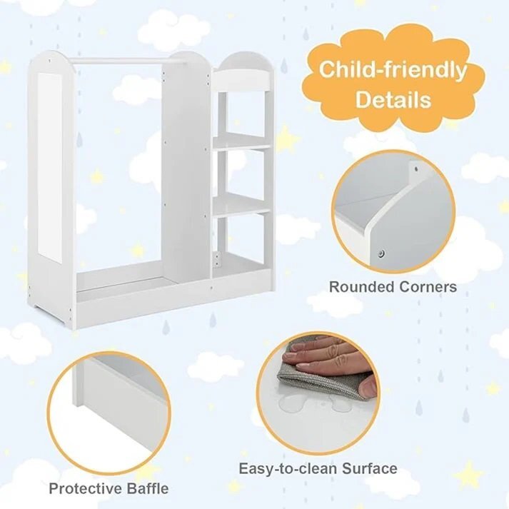 Ginger Home Stand pentru imbracaminte copii Mirror White cu 4 politebara pentru umeraseraft si oglinda dimensiune 93.5x38x100.3 cm