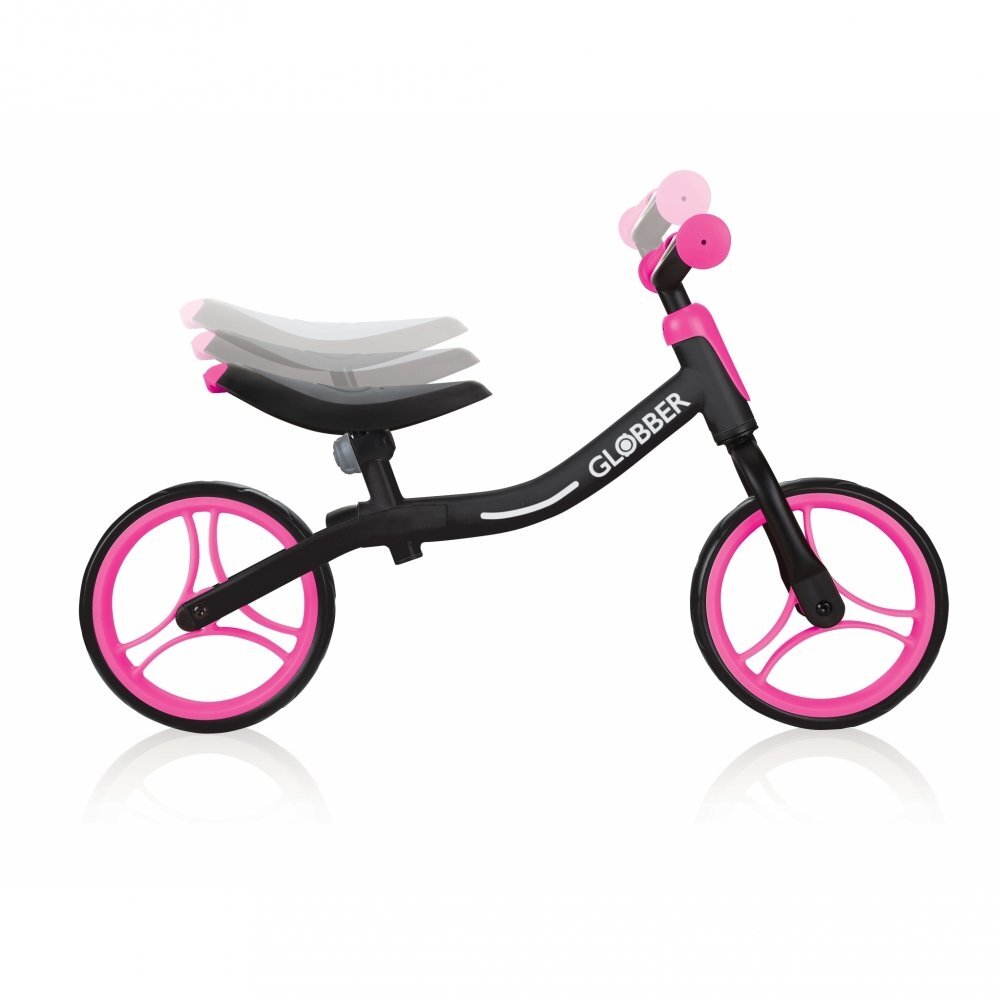 Globber Bicicleta copii fara pedale Go Bike Roz 8.5 inch scaun reglabil pe 3 nivele de inaltime 33-37 cm 2-5 ani greutate maxima 20 kg stickere reflectorizante pe ghidon cadru foarte usor si robust