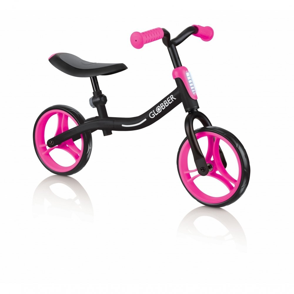 Globber Bicicleta copii fara pedale Go Bike Roz 8.5 inch scaun reglabil pe 3 nivele de inaltime 33-37 cm 2-5 ani greutate maxima 20 kg stickere reflectorizante pe ghidon cadru foarte usor si robust