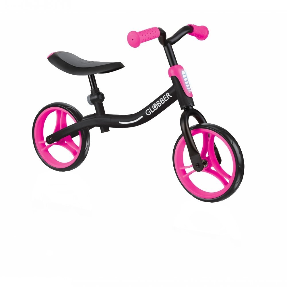 Globber Bicicleta copii fara pedale Go Bike Roz 8.5 inch scaun reglabil pe 3 nivele de inaltime 33-37 cm 2-5 ani greutate maxima 20 kg stickere reflectorizante pe ghidon cadru foarte usor si robust