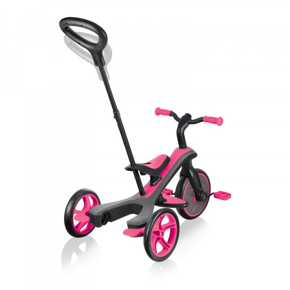 Globber Tricicleta pentru copii Explorer 4 in 1 Roz cu control parental de la 10 luni parasolar anti UV ajustabil suport de picioare detasabil scaun ajustabil pe inaltime