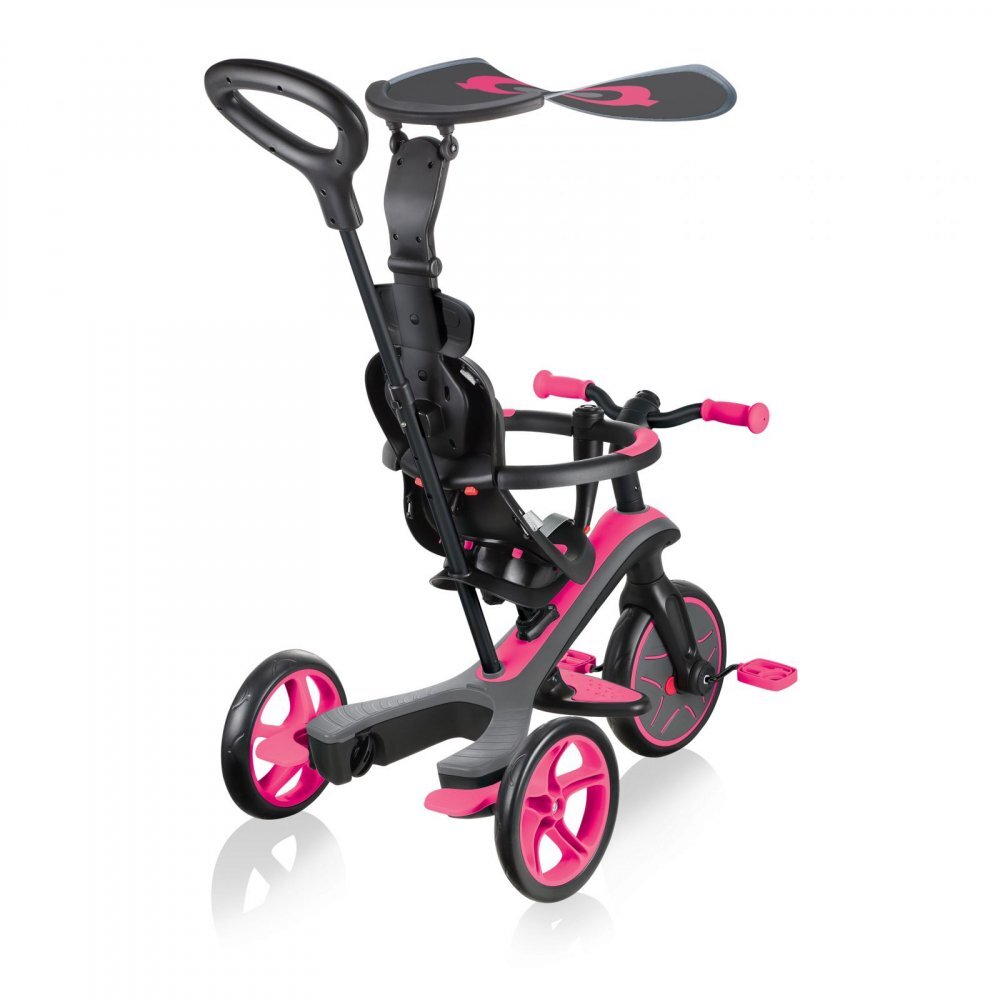 Globber Tricicleta pentru copii Explorer 4 in 1 Roz cu control parental de la 10 luni parasolar anti UV ajustabil suport de picioare detasabil scaun ajustabil pe inaltime