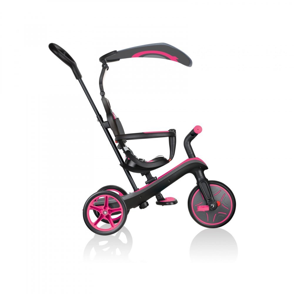 Globber Tricicleta pentru copii Explorer 4 in 1 Roz cu control parental de la 10 luni parasolar anti UV ajustabil suport de picioare detasabil scaun ajustabil pe inaltime