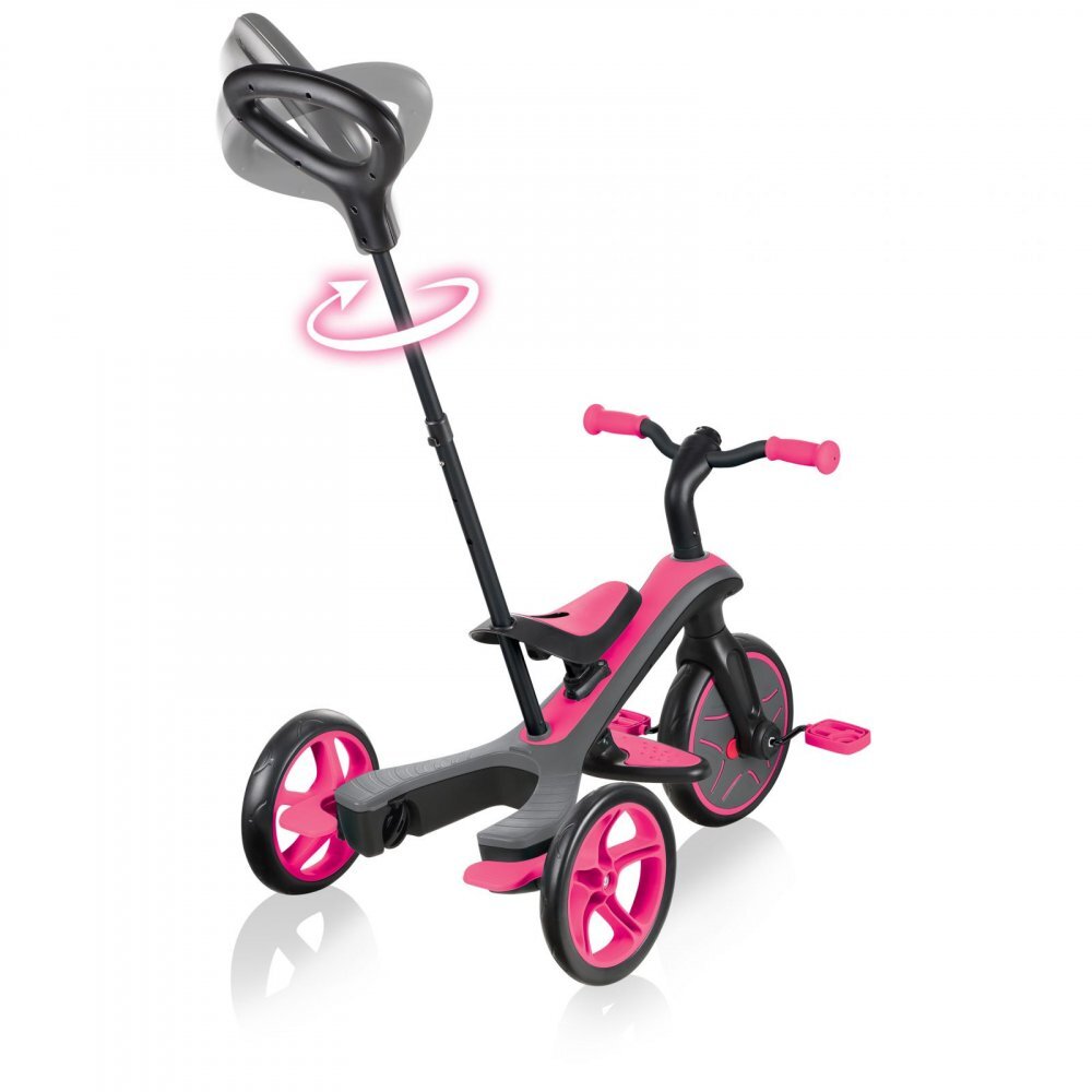Globber Tricicleta pentru copii Explorer 4 in 1 Roz cu control parental de la 10 luni parasolar anti UV ajustabil suport de picioare detasabil scaun ajustabil pe inaltime