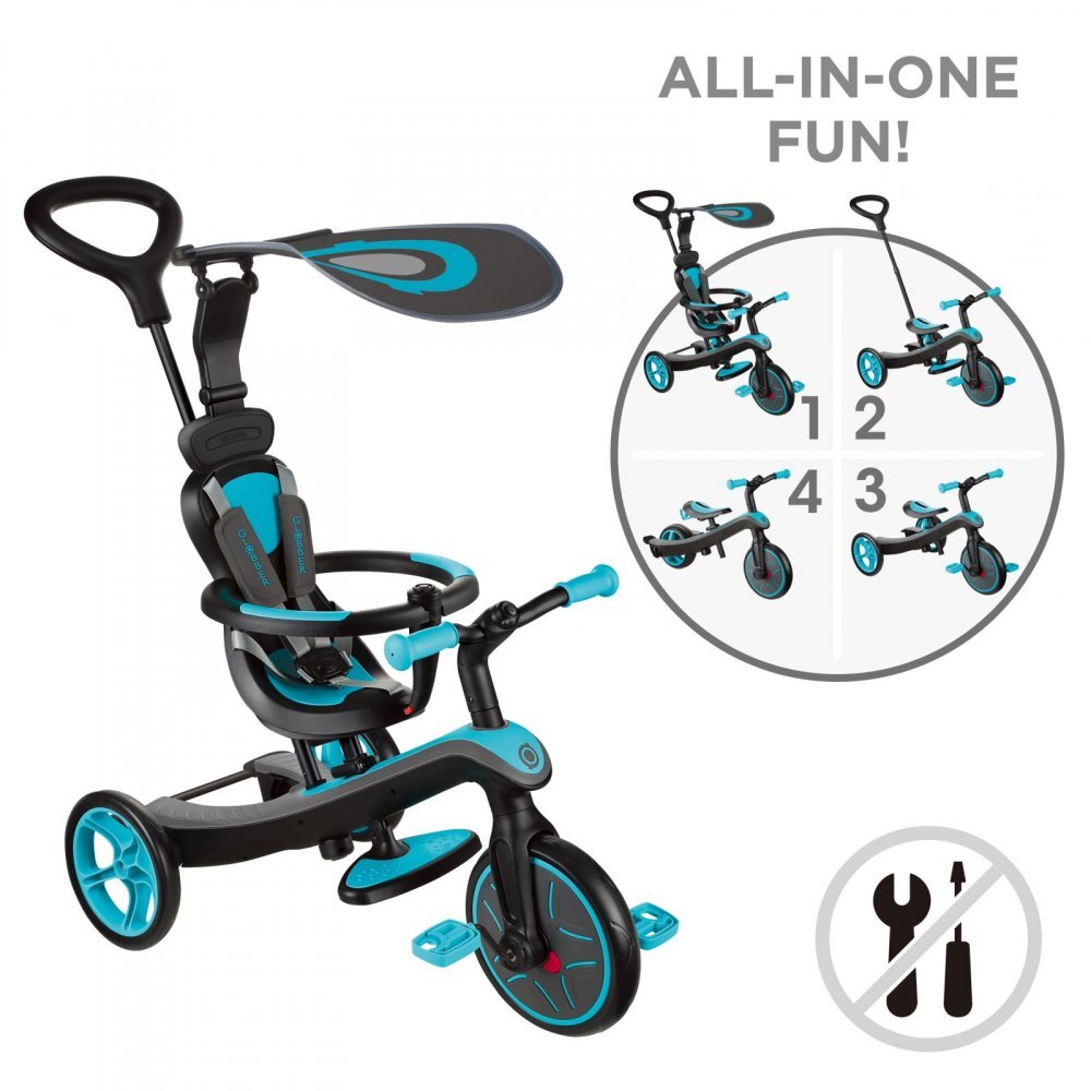 Globber Tricicleta pentru copii Explorer 4 in 1 Turquoise cu control parental de la 10 luni parasolar anti UV ajustabil suport de picioare detasabil scaun ajustabil pe inaltime