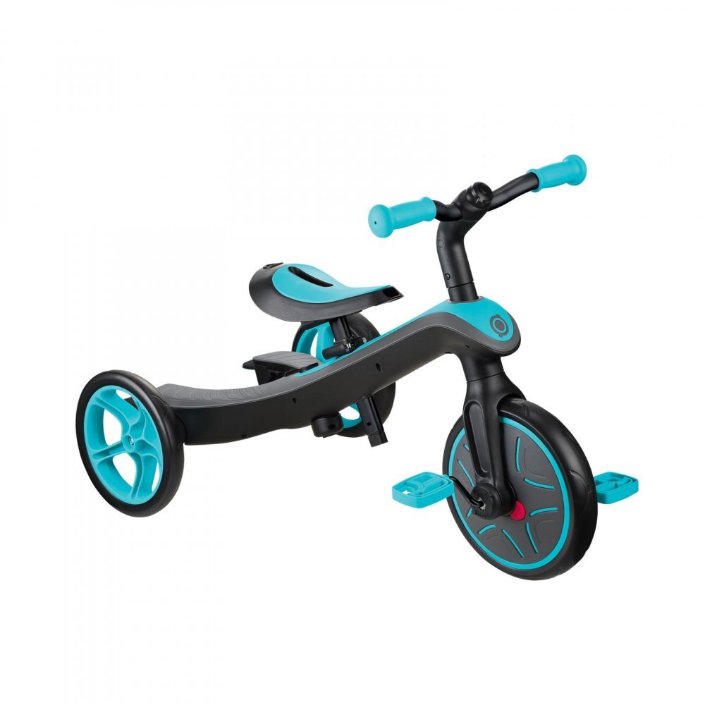 Globber Tricicleta pentru copii Explorer 4 in 1 Turquoise cu control parental de la 10 luni parasolar anti UV ajustabil suport de picioare detasabil scaun ajustabil pe inaltime