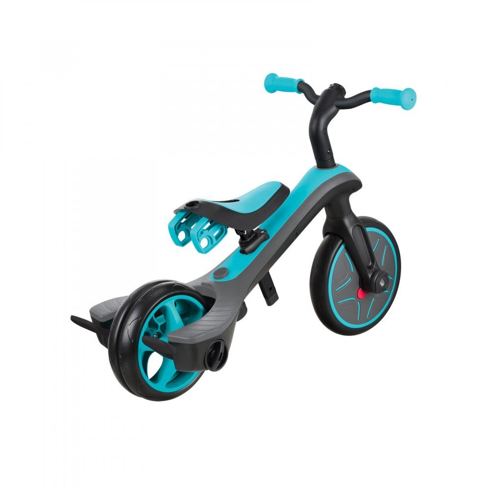 Globber Tricicleta pentru copii Explorer 4 in 1 Turquoise cu control parental de la 10 luni parasolar anti UV ajustabil suport de picioare detasabil scaun ajustabil pe inaltime
