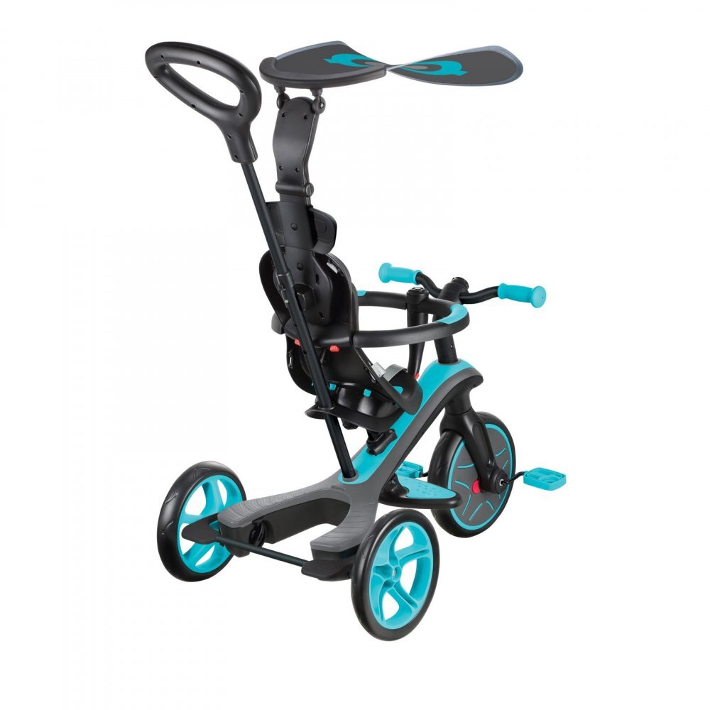 Globber Tricicleta pentru copii Explorer 4 in 1 Turquoise cu control parental de la 10 luni parasolar anti UV ajustabil suport de picioare detasabil scaun ajustabil pe inaltime
