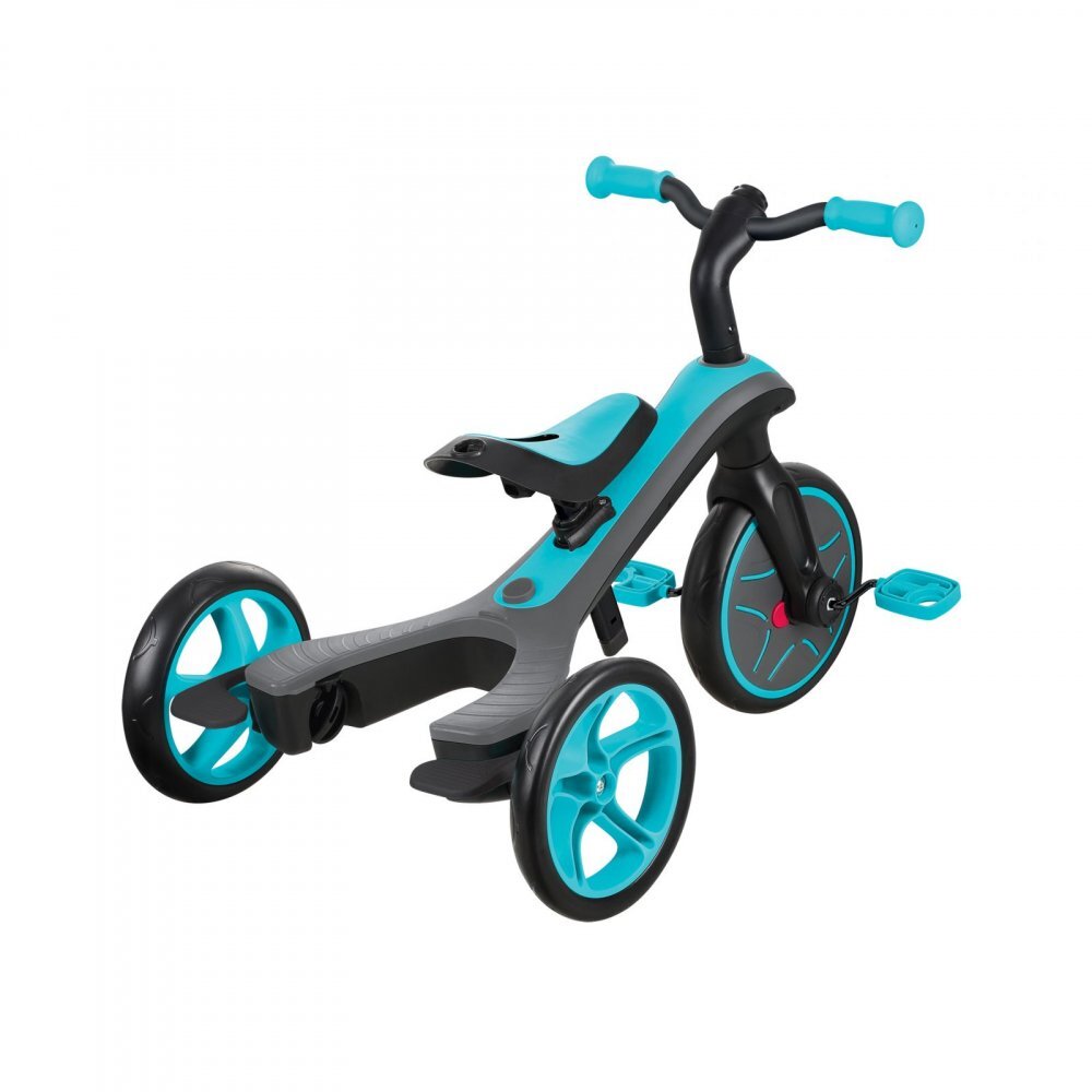Globber Tricicleta pentru copii Explorer 4 in 1 Turquoise cu control parental de la 10 luni parasolar anti UV ajustabil suport de picioare detasabil scaun ajustabil pe inaltime