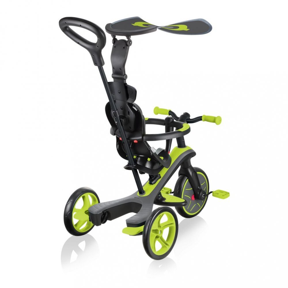 Globber Tricicleta pentru copii Explorer 4 in 1 Verde cu control parental de la 10 luni parasolar anti UV ajustabil suport de picioare detasabil scaun ajustabil pe inaltime
