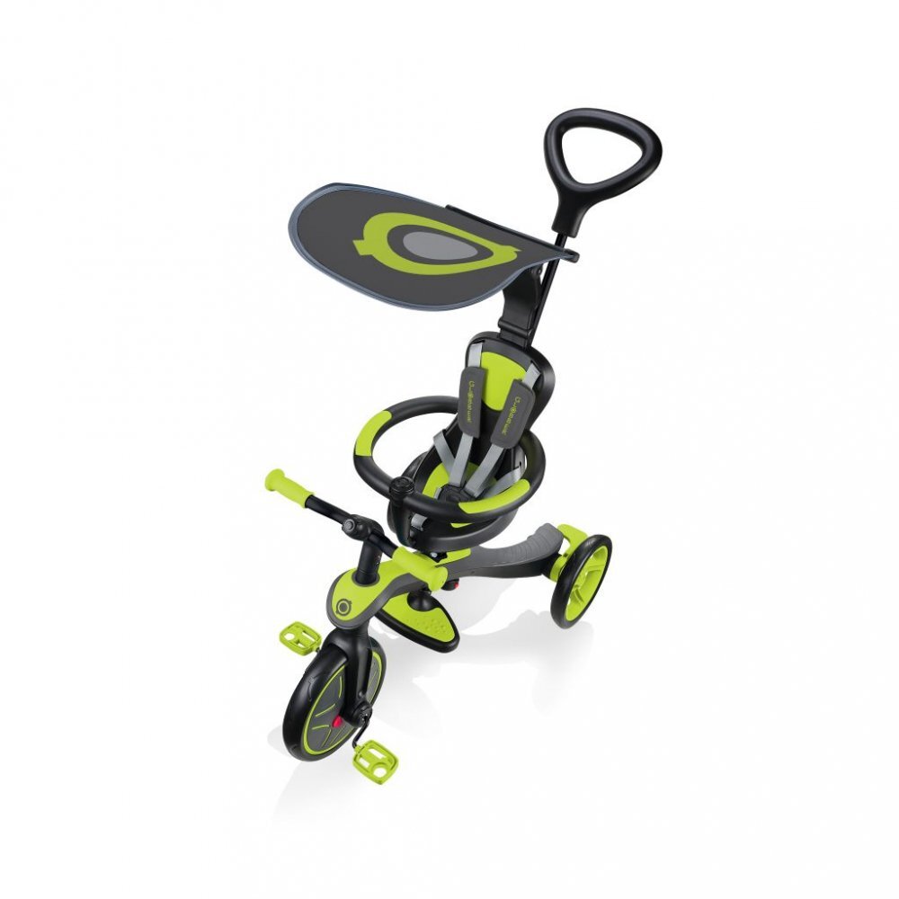 Globber Tricicleta pentru copii Explorer 4 in 1 Verde cu control parental de la 10 luni parasolar anti UV ajustabil suport de picioare detasabil scaun ajustabil pe inaltime