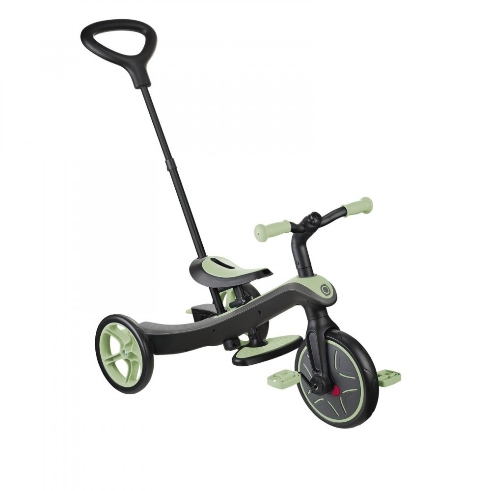 Globber Tricicleta pentru copii Explorer 4 in 1 Verde Pal cu control parental de la 10 luni parasolar anti UV ajustabil suport de picioare detasabil scaun ajustabil pe inaltime