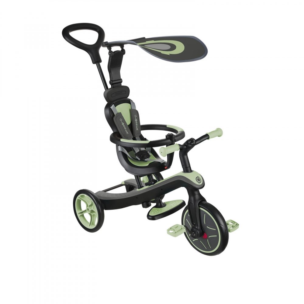 Globber Tricicleta pentru copii Explorer 4 in 1 Verde Pal cu control parental de la 10 luni parasolar anti UV ajustabil suport de picioare detasabil scaun ajustabil pe inaltime