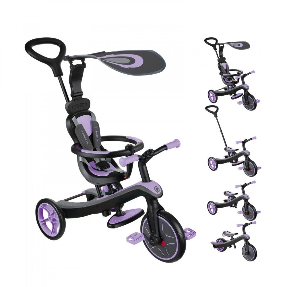 Globber Tricicleta pentru copii Explorer 4 in 1 Violet cu control parental de la 10 luni parasolar anti UV ajustabil suport de picioare detasabil scaun ajustabil pe inaltime