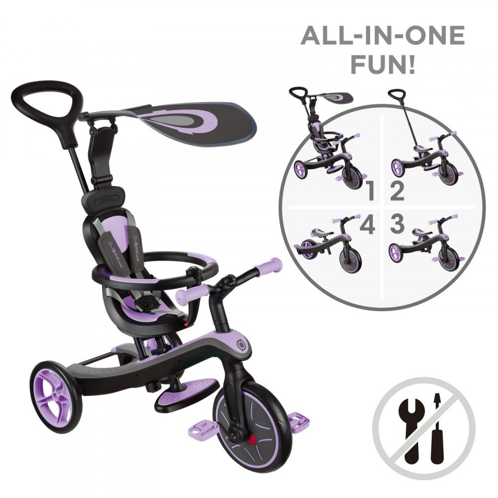 Globber Tricicleta pentru copii Explorer 4 in 1 Violet cu control parental de la 10 luni parasolar anti UV ajustabil suport de picioare detasabil scaun ajustabil pe inaltime