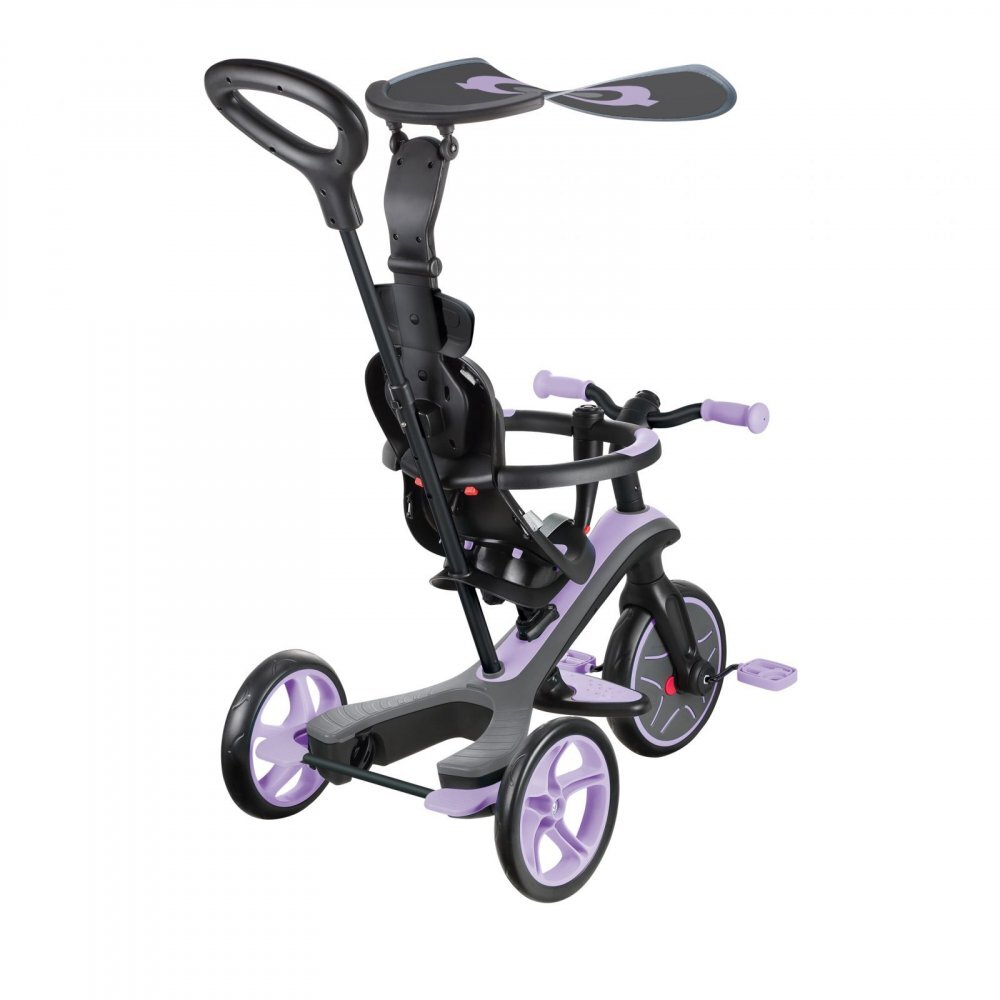 Globber Tricicleta pentru copii Explorer 4 in 1 Violet cu control parental de la 10 luni parasolar anti UV ajustabil suport de picioare detasabil scaun ajustabil pe inaltime