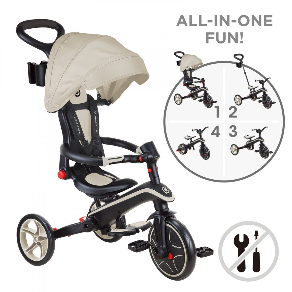 Globber Tricicleta pentru copii Explorer Bej 4 in 1 pliabila maner pentru controlul directiei scaun ajustabil pe inaltime suport pentru picioare roti din cauciuc Eva sistem roata libera de la 10 luni