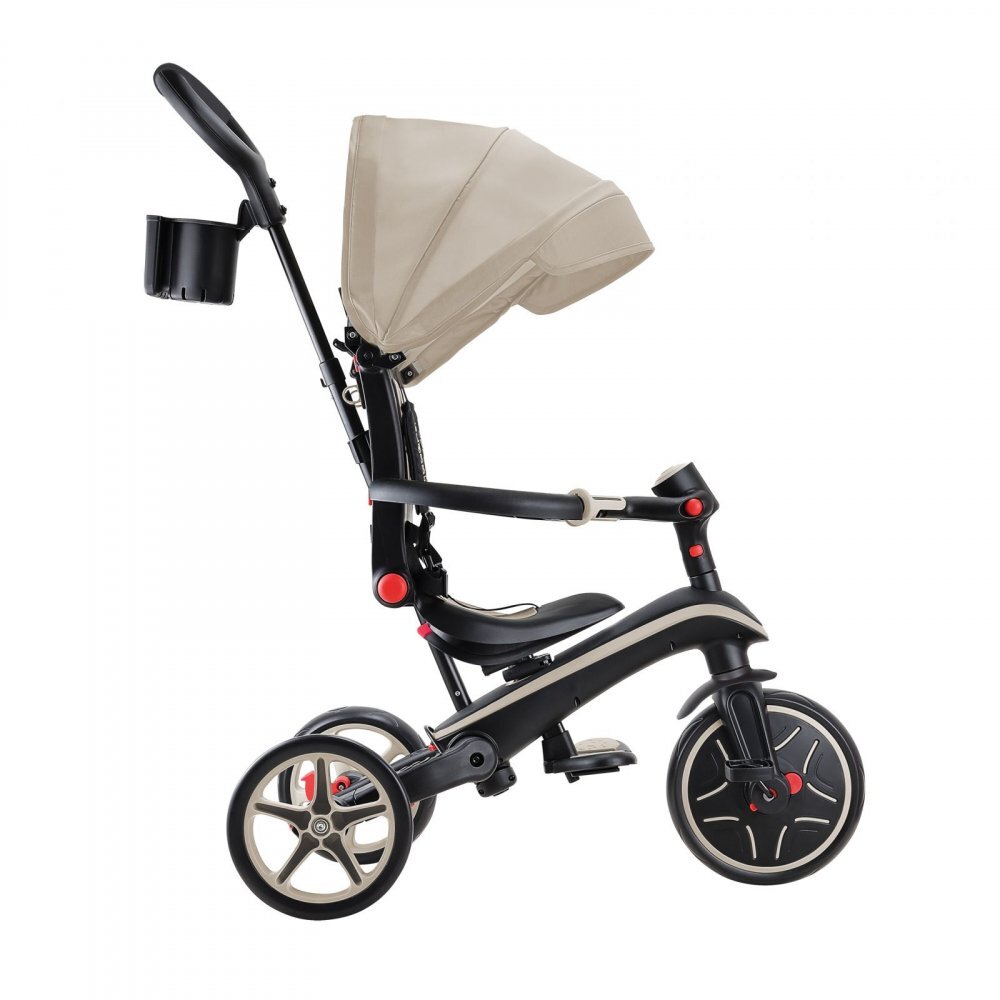 Globber Tricicleta pentru copii Explorer Bej 4 in 1 pliabila maner pentru controlul directiei scaun ajustabil pe inaltime suport pentru picioare roti din cauciuc Eva sistem roata libera de la 10 luni