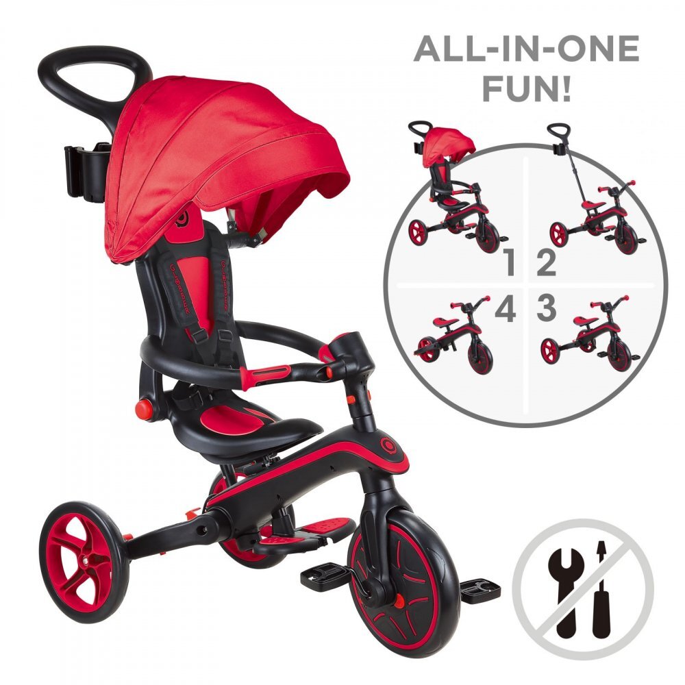 Globber Tricicleta pentru copii Explorer Rosu 4 in 1 pliabila maner pentru controlul directiei scaun ajustabil pe inaltime suport pentru picioare roti din cauciuc Eva sistem roata libera de la 10 luni