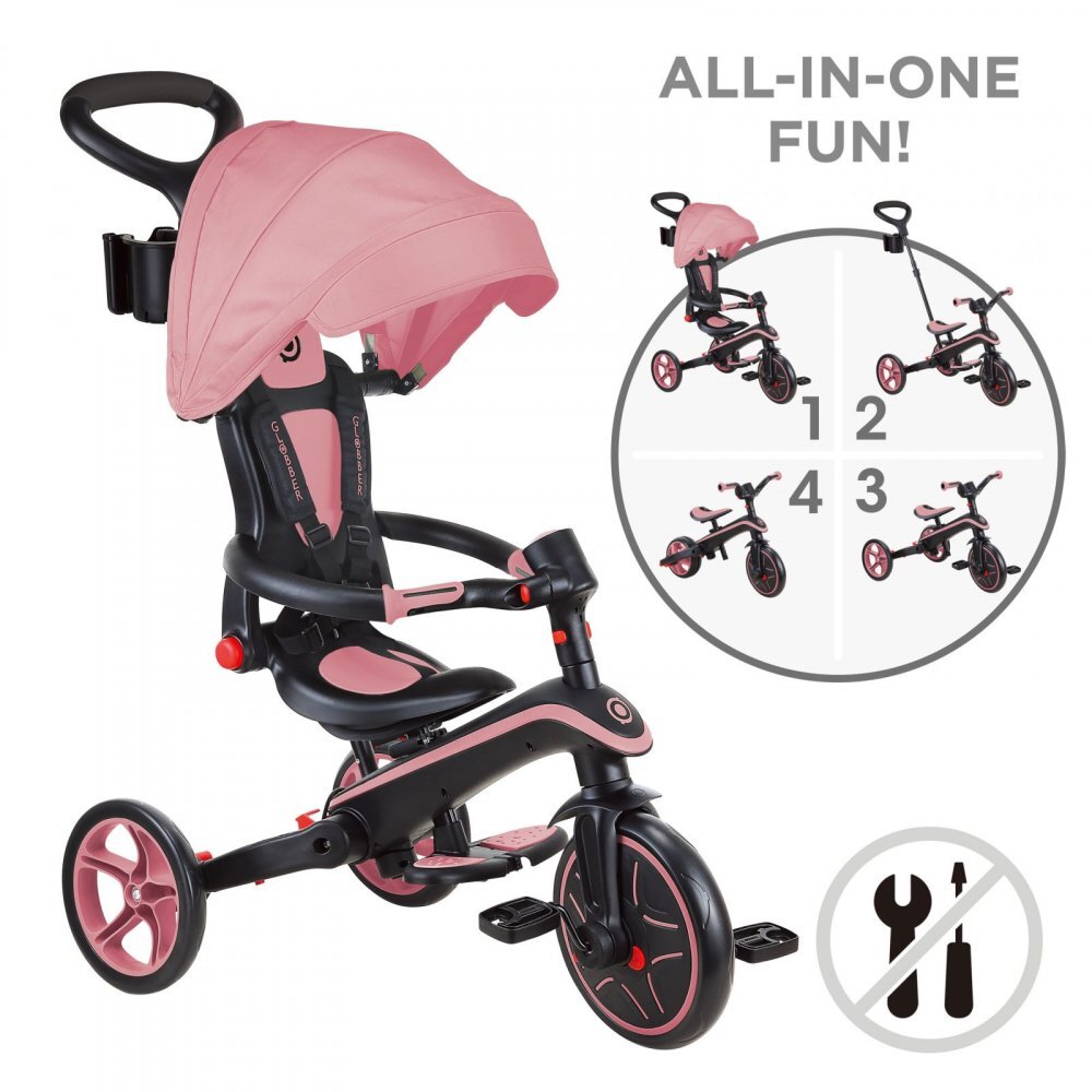 Globber Tricicleta pentru copii Explorer Roz Pal 4 in 1 pliabila maner pentru controlul directiei scaun ajustabil pe inaltime suport pentru picioare roti din cauciuc Eva sistem roata libera de la 10 luni