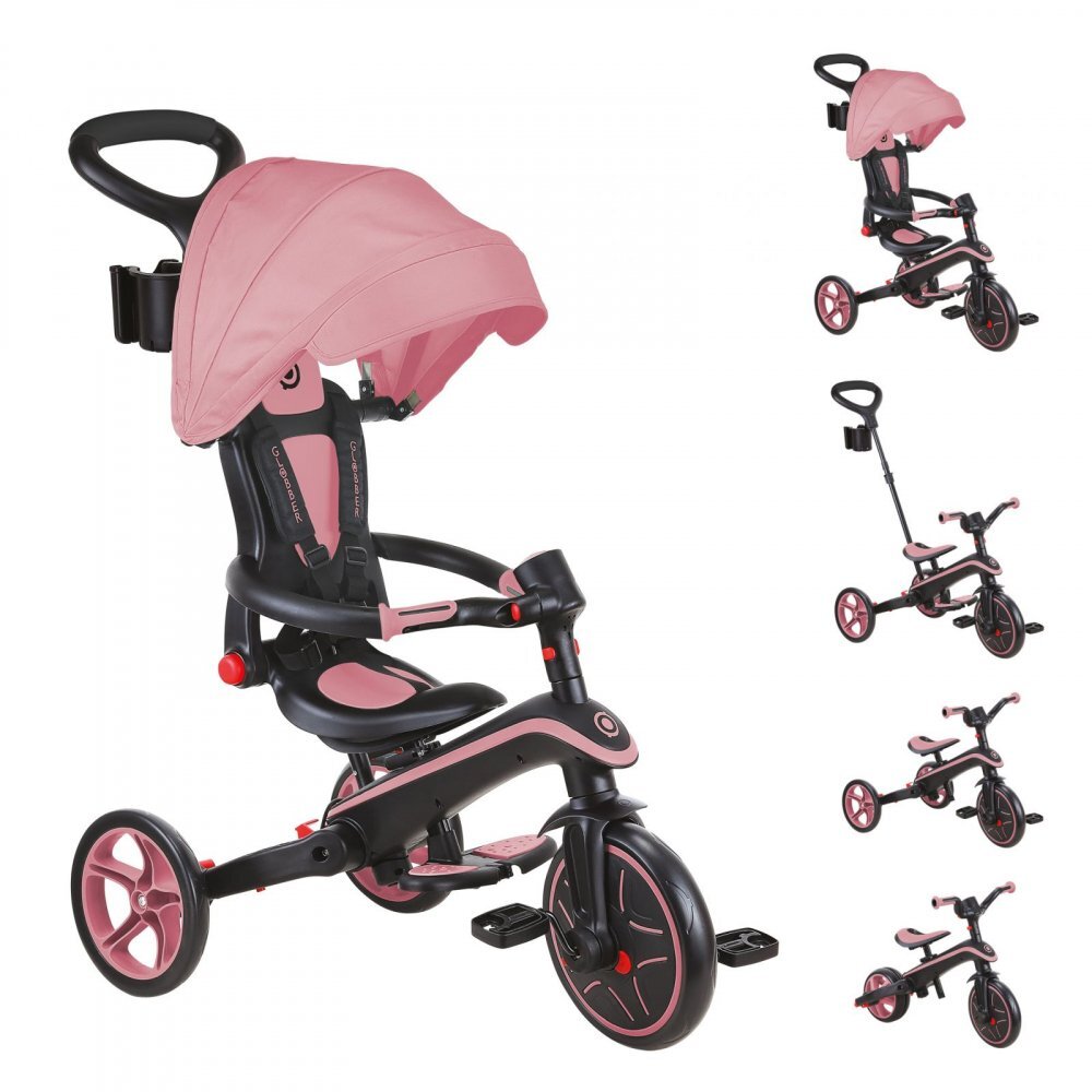 Globber Tricicleta pentru copii Explorer Roz Pal 4 in 1 pliabila maner pentru controlul directiei scaun ajustabil pe inaltime suport pentru picioare roti din cauciuc Eva sistem roata libera de la 10 luni