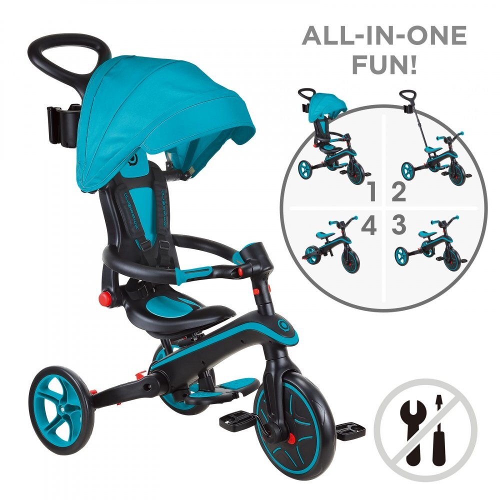 Globber Tricicleta pentru copii Explorer Turquoise 4 in 1 pliabila maner pentru controlul directiei scaun ajustabil pe inaltime suport pentru picioare roti din cauciuc Eva sistem roata libera de la 10 luni