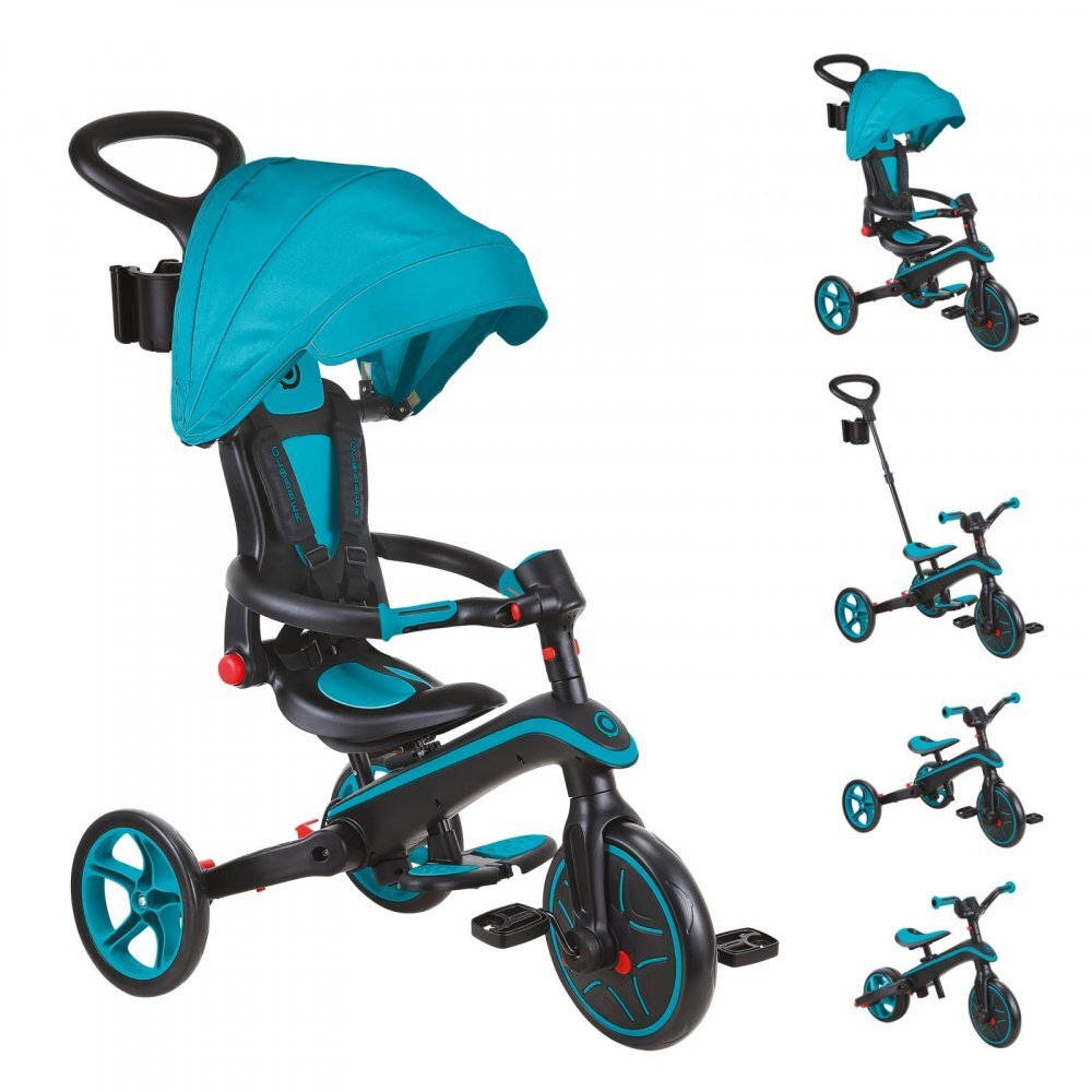 Globber Tricicleta pentru copii Explorer Turquoise 4 in 1 pliabila maner pentru controlul directiei scaun ajustabil pe inaltime suport pentru picioare roti din cauciuc Eva sistem roata libera de la 10 luni