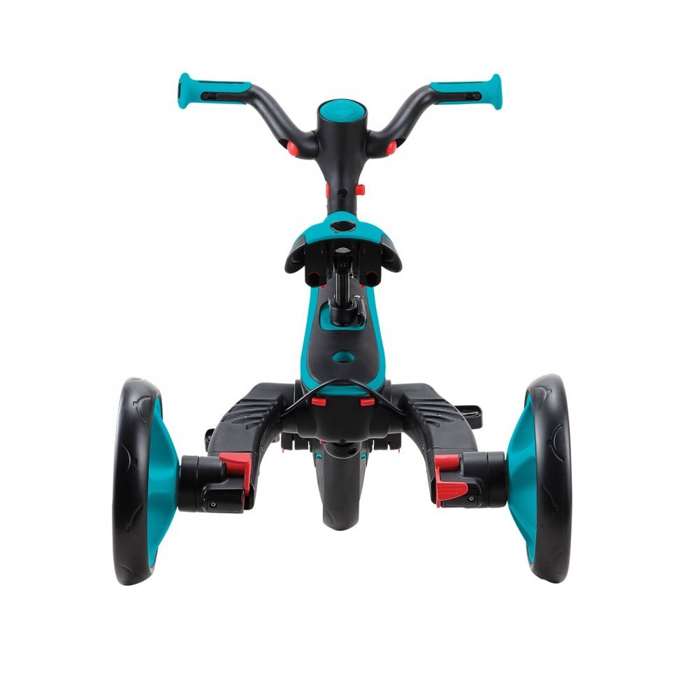 Globber Tricicleta pentru copii Explorer Turquoise 4 in 1 pliabila maner pentru controlul directiei scaun ajustabil pe inaltime suport pentru picioare roti din cauciuc Eva sistem roata libera de la 10 luni