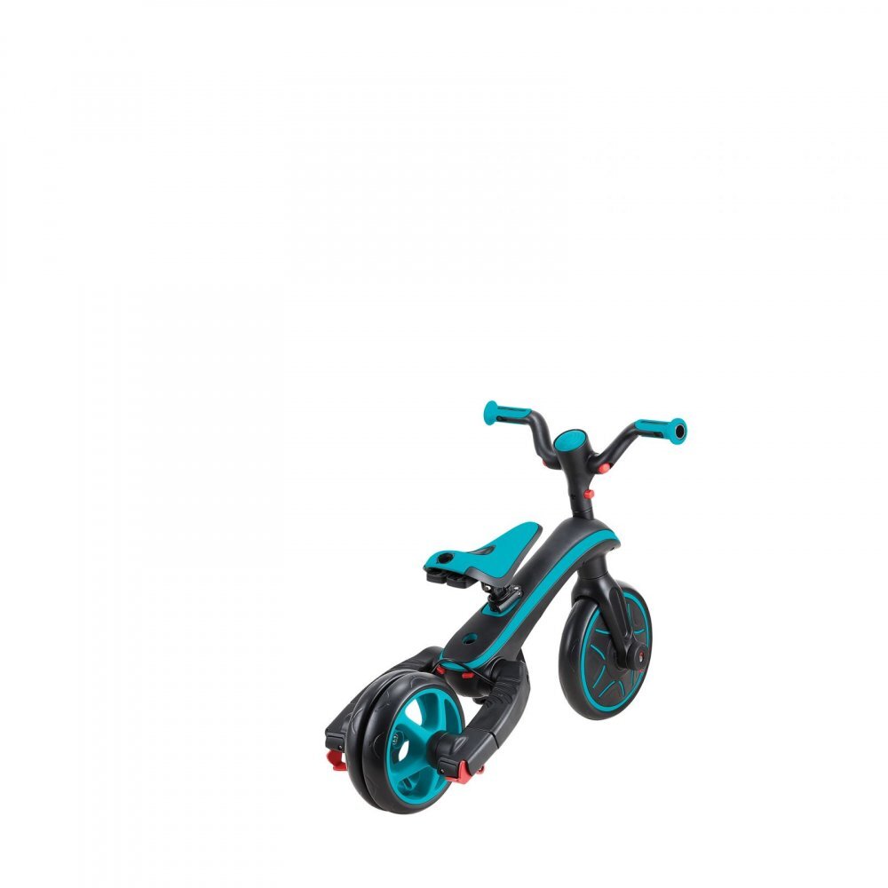 Globber Tricicleta pentru copii Explorer Turquoise 4 in 1 pliabila maner pentru controlul directiei scaun ajustabil pe inaltime suport pentru picioare roti din cauciuc Eva sistem roata libera de la 10 luni