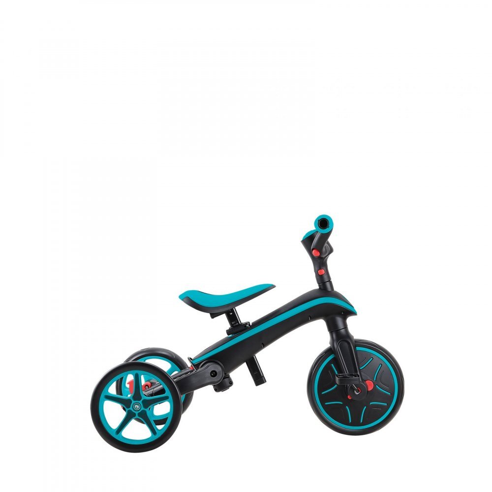 Globber Tricicleta pentru copii Explorer Turquoise 4 in 1 pliabila maner pentru controlul directiei scaun ajustabil pe inaltime suport pentru picioare roti din cauciuc Eva sistem roata libera de la 10 luni