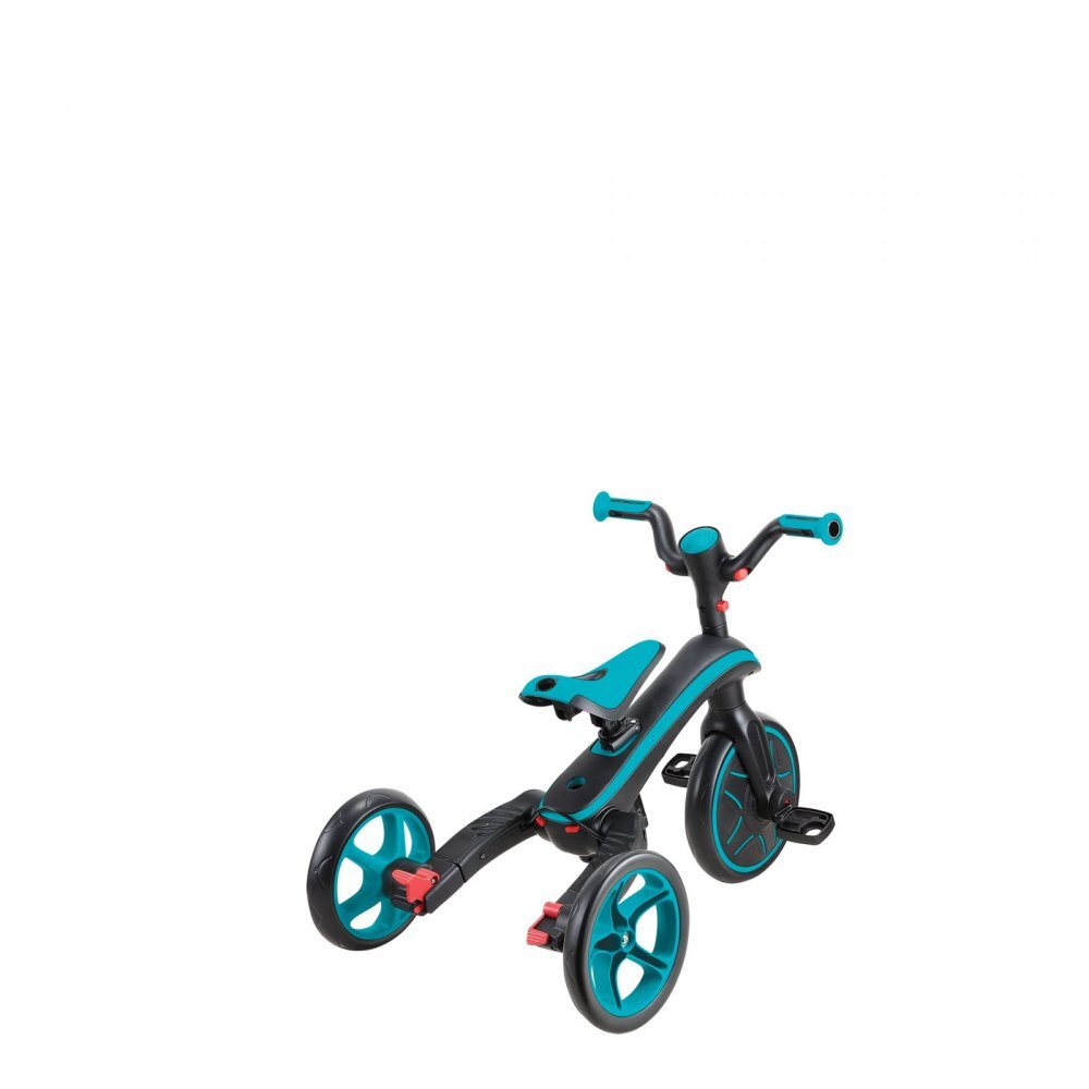 Globber Tricicleta pentru copii Explorer Turquoise 4 in 1 pliabila maner pentru controlul directiei scaun ajustabil pe inaltime suport pentru picioare roti din cauciuc Eva sistem roata libera de la 10 luni