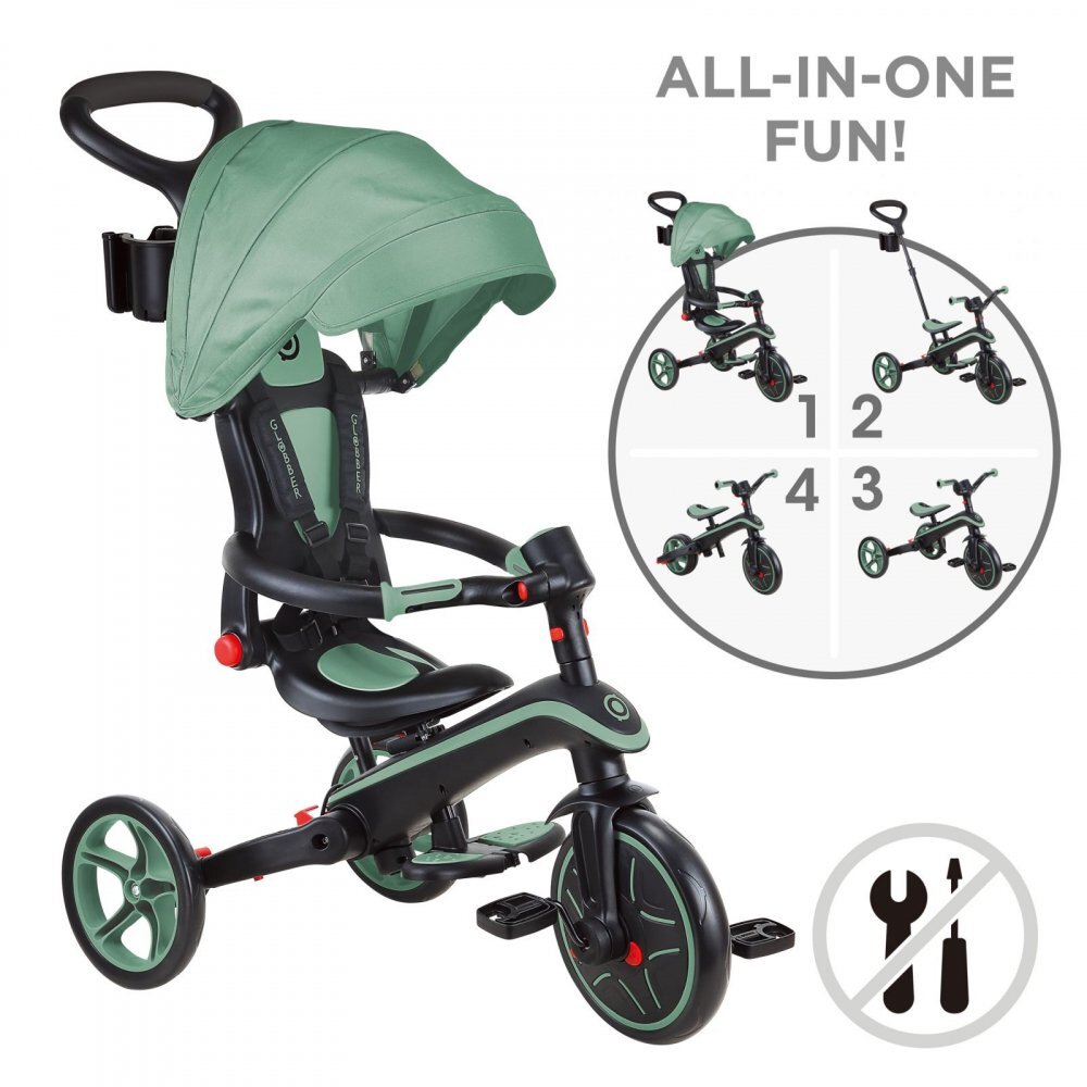 Globber Tricicleta pentru copii Explorer Verde Pal 4 in 1 pliabila maner pentru controlul directiei scaun ajustabil pe inaltime suport pentru picioare roti din cauciuc Eva sistem roata libera de la 10 luni