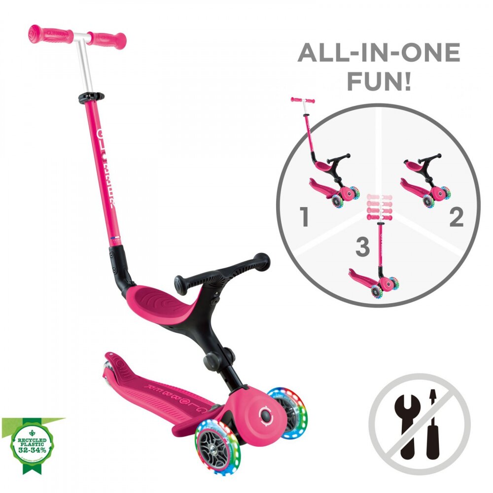 Globber Trotineta 3 in 1 pentru copii Go Up Active Roz cu maner de impins scaun si ghidon ajustabile roti cu lumini LED