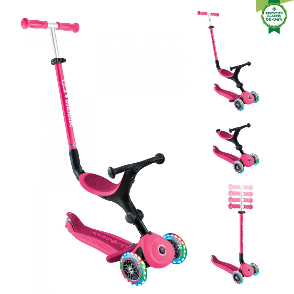 Globber Trotineta 3 in 1 pentru copii Go Up Active Roz cu maner de impins scaun si ghidon ajustabile roti cu lumini LED