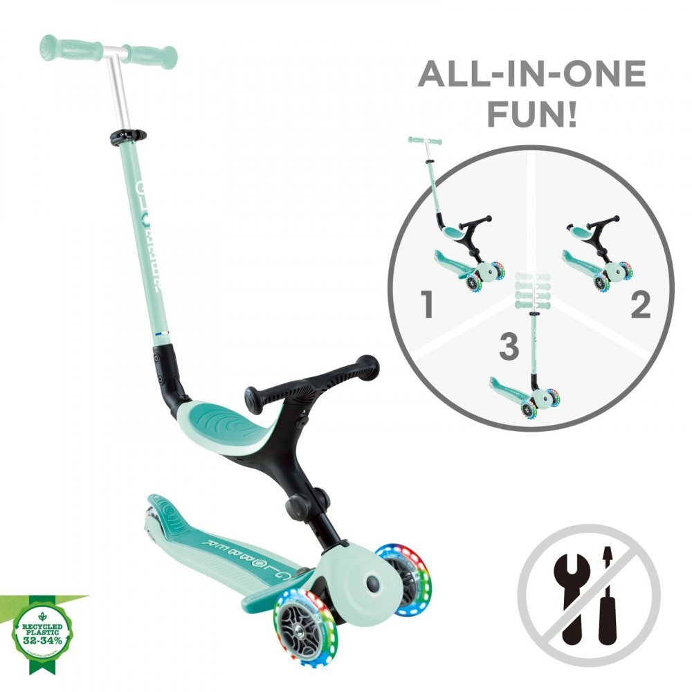Globber Trotineta 3 in 1 pentru copii Go Up Active Verde cu maner de impins scaun si ghidon ajustabile roti cu lumini LED