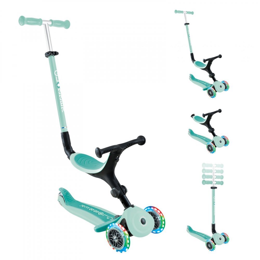 Globber Trotineta 3 in 1 pentru copii Go Up Active Verde cu maner de impins scaun si ghidon ajustabile roti cu lumini LED