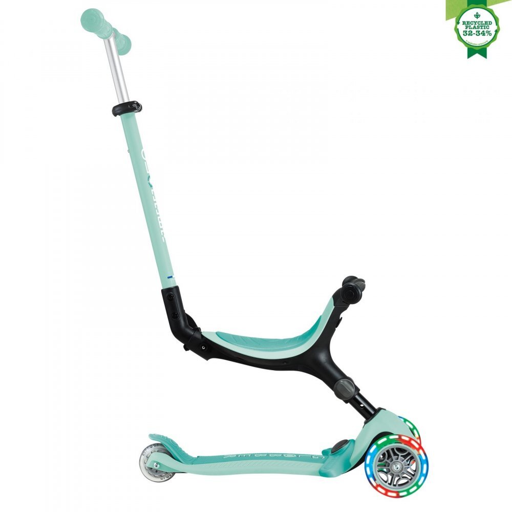 Globber Trotineta 3 in 1 pentru copii Go Up Active Verde cu maner de impins scaun si ghidon ajustabile roti cu lumini LED