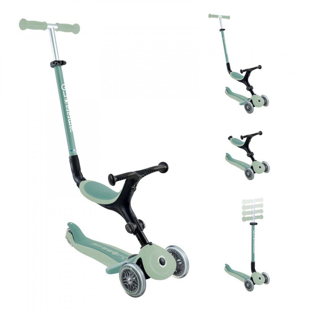 Globber Trotineta 3 in 1 pentru copii Go Up Active Verde Fistic ecologic ghidon si scaun ajustabile rulmenti ABEC 9