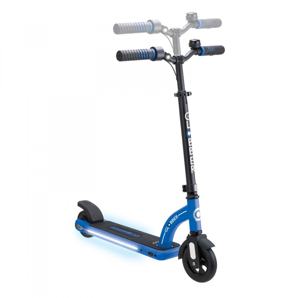 Globber Trotineta electrica E-Motion 11 Blue autonomie 9-11 km ghidon reglabil echipat cu lanterna LED si clopotel platforma prevazuta cu cric roti din cauciuc greutate admisa 70 kg