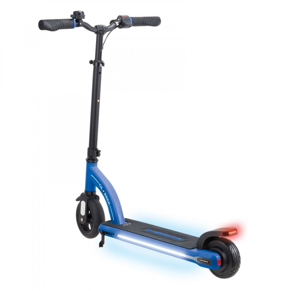 Globber Trotineta electrica E-Motion 11 Blue autonomie 9-11 km ghidon reglabil echipat cu lanterna LED si clopotel platforma prevazuta cu cric roti din cauciuc greutate admisa 70 kg