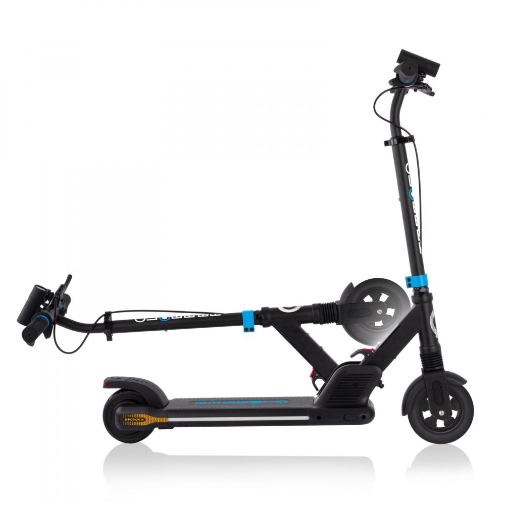 Globber Trotineta electrica E-Motion 14 Blue autonomie 9-11 km cu suspensie ghidon reglabil echipat cu lanterna LED si clopotel pliabila platforma prevazuta cu cric roti din cauciuc greutate admisa 70 kg